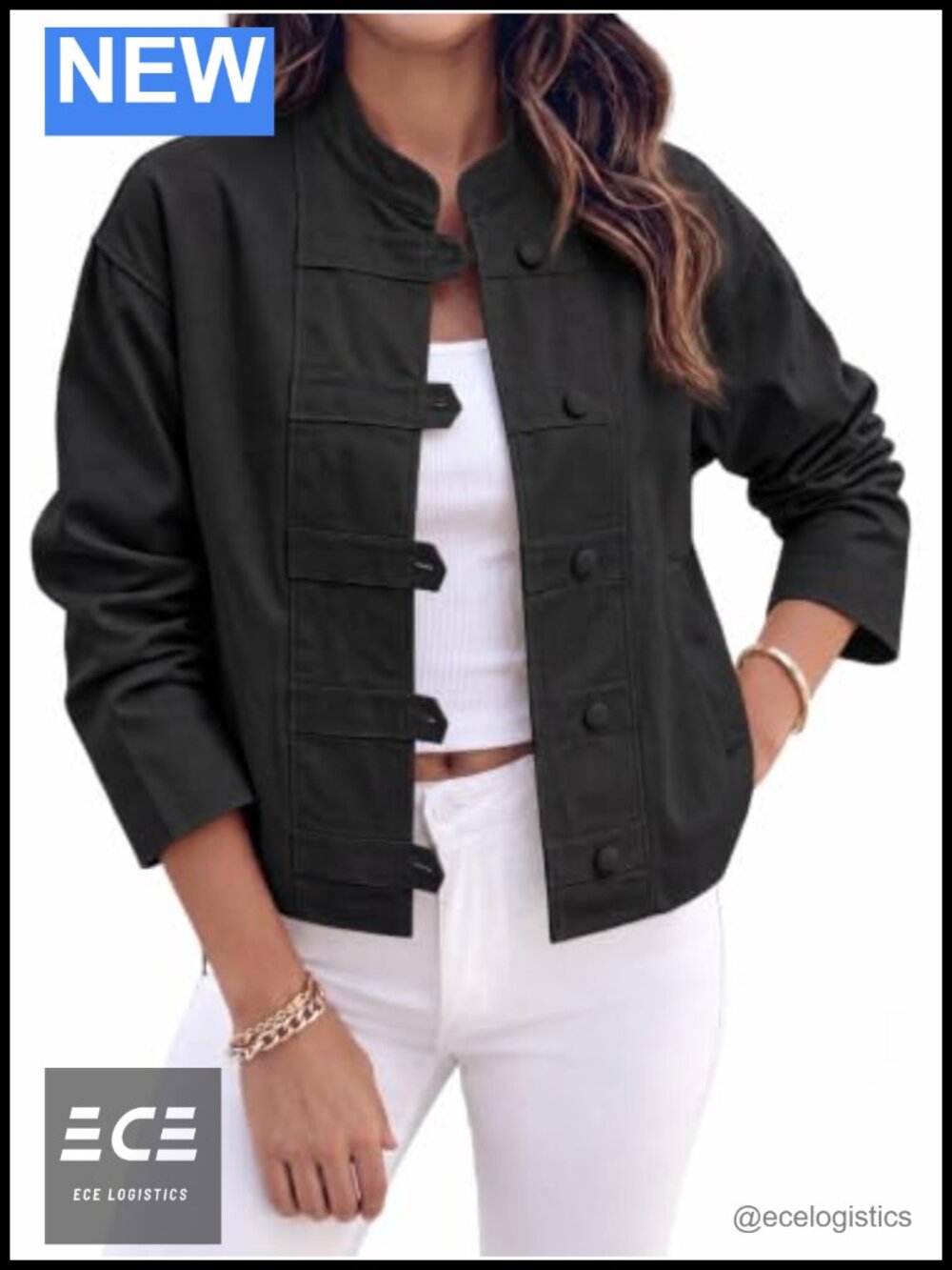 Tankaneo Women's Cropped Button Down Jacket Lightweight Stand Collar Coat